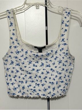 Forever 21 White Ribbed Crop Top with Blue Floral Print